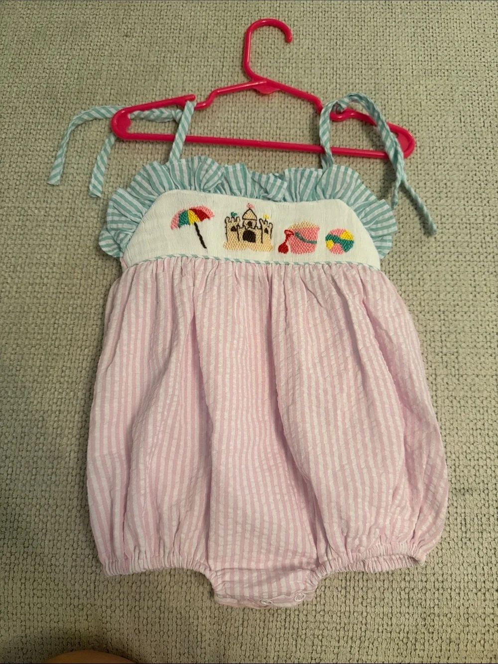Pink Seersucker Baby Bubble Romper with Beach Embroidery smocked